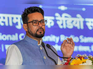 New Delhi: Union Information and Broadcasting Minister Anurag Thakur addresses a...