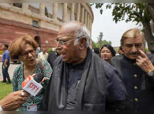 New Delhi: Leader of Opposition in Rajya Sabha Mallikarjun Kharge speaks with th...