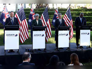 (L-R) Australian Defence Minister Richard Marles, Australian Foreign Minister Penny Wong, US Secretary of State Antony Blinken and US Secretary of Defense Lloyd Austin attend a Press Conference at Queensland Government House in Brisbane on July 29, 2023. (Photo by Pat Hoelscher / AFP)