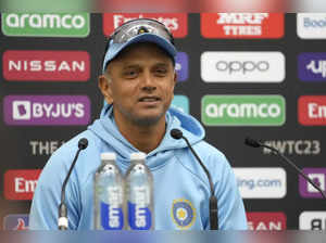 India's cricket team head coach Rahul Dravid smiles during a press conference at...