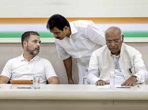 New Delhi: Congress President Mallikarjun Kharge and party leaders Rahul Gandhi ...