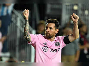 Inter Miami's Argentine forward Lionel Messi celebrates scoring his team's third goal during the round of 32 Leagues Cup football match between Inter Miami CF and Orlando City SC at DRV PNK Stadium in Fort Lauderdale, Florida, on August 2, 2023. (Photo by CHANDAN KHANNA / AFP)
