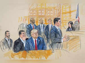 This artist sketch depicts former President Donald Trump, center, conferring wit...