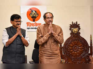 Mumbai: Shiv Sena (UBT) chief Uddhav Thackeray with party leader Sanjay Raut dur...