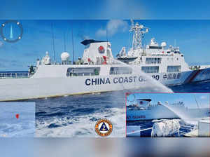 This undated handout released by the Philippine Coast Guard (PCG) on August 6, 2023 shows a China Coast Guard ship (L) releasing water cannon on a Philippine Coast Guard ship near Second Thomas Shoal during a re-supply mission on August 5. The Philippines condemned the China Coast Guard on August 6 for allegedly firing water cannon at its vessels in the disputed South China Sea, describing the actions as "illegal" and "dangerous". - -----EDITORS NOTE --- RESTRICTED TO EDITORIAL USE - MANDATORY CREDIT "AFP PHOTO / PHILIPPINE COAST GUARD (PCG) " - NO MARKETING - NO ADVERTISING CAMPAIGNS - DISTRIBUTED
