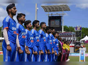 Players of India's cricket team line up during the anthems ceremony prior to the...