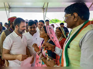 Banswara: Congress leader Rahul Gandhi during a public meeting at Mangarh Dham, ...