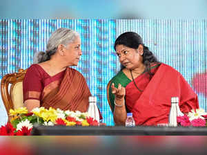 Tuticorin: Union Finance Minister Nirmala Sitharaman and DMK MP Kanimozhi during...