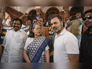 New Delhi: Congress leaders Sonia Gandhi and Rahul Gandhi with others during a p...