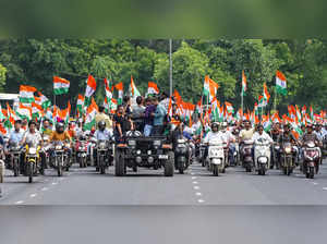 New Delhi: Participants take part in ‘Har Ghar Tiranga’ Bike Rally, in New Delhi...