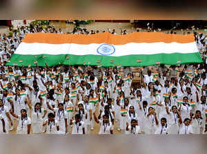Chennai, Aug 11 (ANI): Students of Jaigopal Garodia school hold National Flag fo...