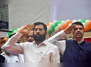 Mumbai: Maharashtra Chief Minister Eknath Shinde with Deputy Chief Minister Deve...