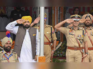 Patiala: Punjab Chief Minister Bhagwant Mann salutes during the 77th Independenc...