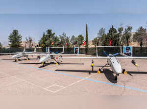 Iranian drones are displayed during the ceremony of joining the IRGC Navy at an undisclosed location in Iran