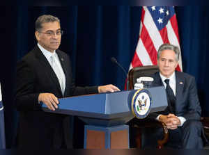 US Secretary of Health and Human Services Xavier Becerra (L) speaks alongside US Secretary of State Antony Blinken (R) during the launch of the State Department's Bureau of Global Health Security and Diplomacy at the State Department in Washington, DC, August 1, 2023. The bureau is meant to lead the US international global health security efforts, and allow health security experts and diplomats to work more effectively together to prevent, detect, and respond to existing and future health threats. (Photo by SAUL LOEB / AFP)
