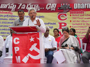 New Delhi: CPI(M) General Secretary Sitaram Yechury addresses supporters during ...
