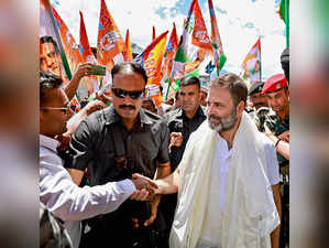 Leh: Congress leader Rahul Gandhi being welcomed by supporters upon his arrival ...