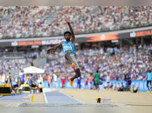 Jeswin Aldrin, of India, makes an attempt in the Men's long jump qualification d...