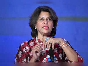 Shobana Kamineni, Executive Vice Chairperson of Apollo Hospitals Enterprise Limited addresses the gathering during the first day of the three-day B20 Summit in New Delhi on August 25, 2023.  (Photo by Sajjad HUSSAIN / AFP)