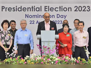 Presidential candidate Tharman Shanmugaratnam gives a speech at the nomination centre after submitting his nomination papers in Singapore