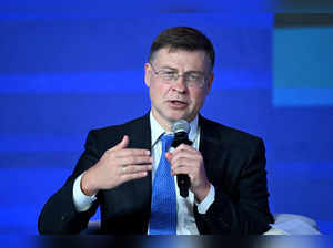 In this photograph taken on August 25, 2023, Valdis Dombrovskis, Executive Vice President & European Commissioner for Trade of The European Union, addresses the gathering on the first day of the three-day B20 Summit in New Delhi. (Photo by Sajjad HUSSAIN / AFP)
