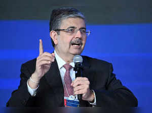 Uday Kotak, Managing Director and CEO of Kotak Mahindra Bank addresses the gathering on the first day of the three-day B20 Summit in New Delhi on August 25, 2023.
