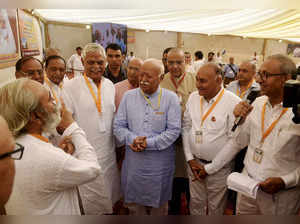 New Delhi: RSS chief Mohan Bhagwat during the foundation stone laying ceremony o...