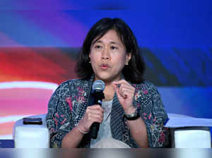 In this photograph taken on August 25, 2023, Katherine Tai, United States Trade Representative (USTR), addresses the gathering on the first day of the three-day B20 Summit in New Delhi. (Photo by Sajjad HUSSAIN / AFP)