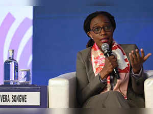 Vera Songwe, Chairwoman and Founder of Liquidity and Sustainability Facility, former Under-Secretary-General at the United Nations and former Executive Secretary of the United Nations Economic Commission for Africa addresses the gathering on the second day of the three-day B20 Summit in New Delhi on August 26, 2023.  (Photo by Arun SANKAR / AFP)