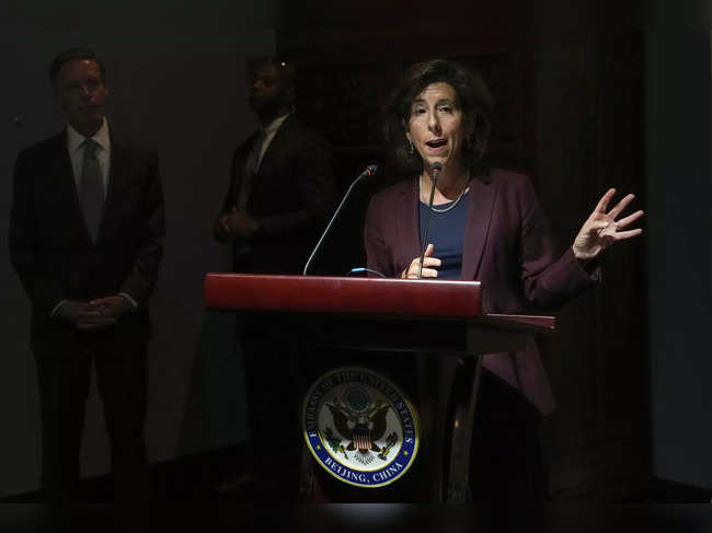 US Commerce Secretary Gina Raimondo delivers a speech during a reception hosted by US Ambassador to China Nick Burns with US Industry and Chinese government officials in Beijing on August 28, 2023.