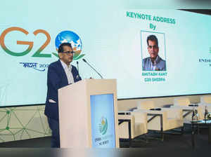 New Delhi: India’s G20 Sherpa Amitabh Kant delivers the keynote address at the G...