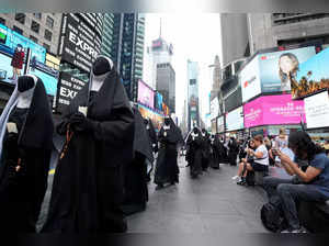 Nuns visit Times Square to promote "THE NUN 2" during the #ISawANun tour in New York on August 28, 2023 in New York City.