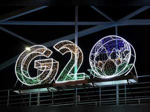 New Delhi: The redeveloped and illuminated G20 logos installed at the Pragati ma...