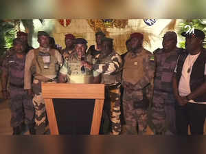 This video grab taken from Gabon 24 shows Gabonese soldiers appearing on television on August 30, 2023 announcing they were "putting an end to the current regime" and the cancellation of an election that, according to official results, President Ali Bongo Ondimba won.