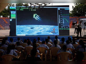 People watch a live stream of Chandrayaan-3 spacecraft's landing on the moon, in Ahmedabad