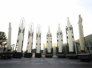 Iranian ballistic missiles are displayed during the ceremony of joining the Armed Forces, in Tehran