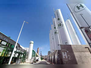 (FILES) This picture taken on April 18, 2023 shows the Green Hydrogen Plant built by Spanish company Iberdrola in Puertollano, Spain. After riding a fossil-fuel boom for decades, Arab Gulf states are eyeing "green" hydrogen as they try to transition their economies and ease the climate crisis at a stroke. (Photo by Valentin BONTEMPS / AFP)