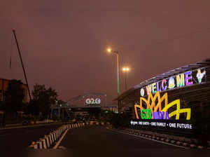 FILE PHOTO: A G20 logo is pictured in front of the main venue of the summit in New Delhi