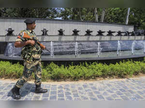 New Delhi: An Indian Army personnel walks past the 'Shivlings' installed as foun...