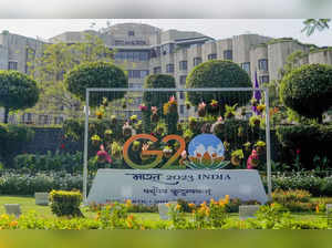 New Delhi: G20 logo installed at ITC Maurya Hotel in preparation for the G20 Sum...