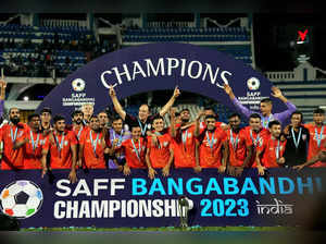 Bengaluru: Indian football team players celebrate with the SAFF Championship 202...