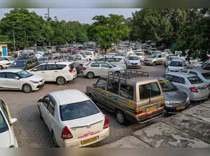Jammu: A view of private taxis parked at a stand during a transport strike by th...