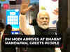 PM Modi arrives at the Bharat Mandapam in Delhi, greets people