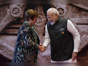 Indian Prime Minister Narendra Modi welcomes Director IMF Kristalina Georgieva u...