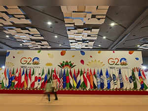 Media representatives telecast from inside the International media centre of the G20 venue in New Delhi on September 7, 2023.
