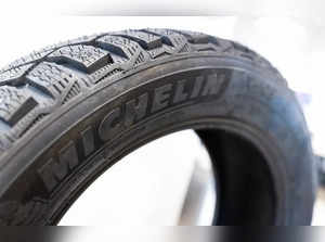 A tyre produced by the French company Michelin is on display at a dealership in Moscow