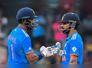 India's Virat Kohli (R) and KL Rahul bump their fists during the Asia Cup 2023 super four one-day international (ODI) cricket match between India and Pakistan at the R. Premadasa Stadium in Colombo on September 11, 2023.