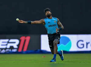 India's Hardik Pandya attends a practice session at the Pallekele International Cricket Stadium in Kandy on September 1, 2023, on the eve of their Asia Cup cricket match against Pakistan.