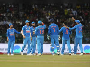 Indian team members celebrate the dismissal of Sri Lanka's Dasun Shanaka during ...