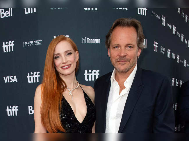 US actress Jessica Chastain (L) and US actor Peter Sarsgaard arrive for the premiere of "Memory" during the Toronto International Film Festival at the Royal Alexandra Theatre in Toronto, Ontario, Canada, on September 12, 2023.